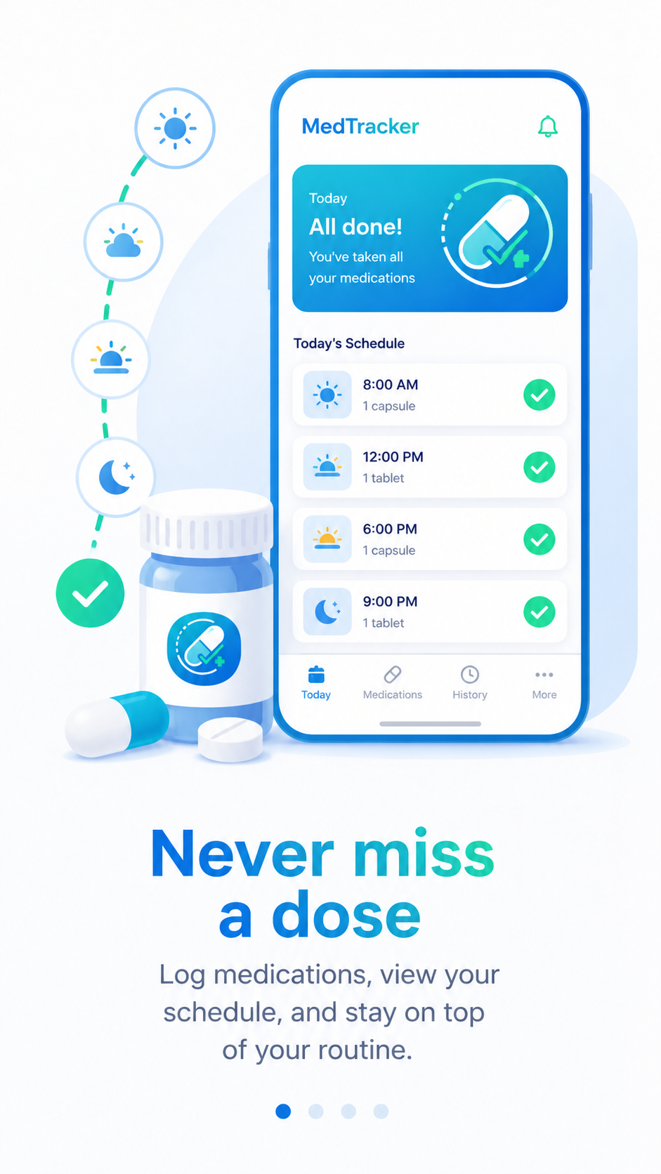 MedTracker app showing a daily medication schedule with checkmarks for completed doses