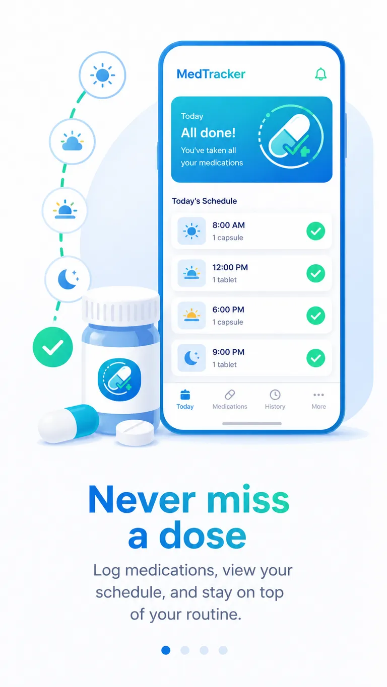 MedTracker app showing a daily medication schedule with checkmarks for completed doses